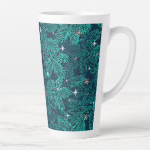 Teal Pine Branches With White Snowflakes Latte Mug