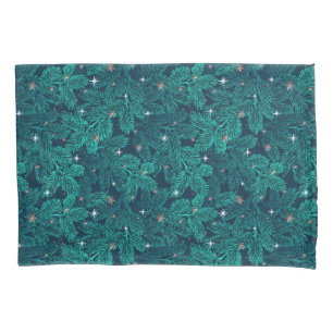 Teal Pine Branches With White Snowflakes Pillowcase