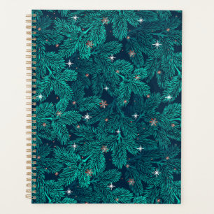 Teal Pine Branches With White Snowflakes Planner