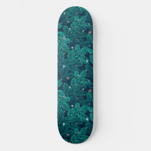 Teal Pine Branches With White Snowflakes Skateboard