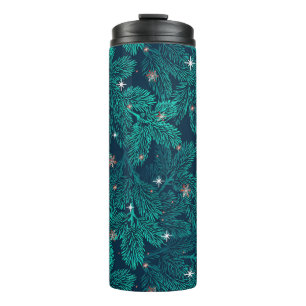 Teal Pine Branches With White Snowflakes Thermal Tumbler