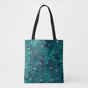 Teal Pine Branches With White Snowflakes Tote Bag