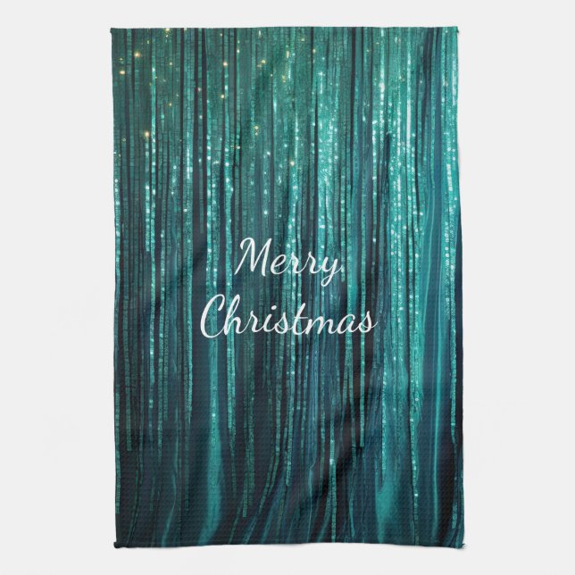 Teal Pine Green Tinsel Christmas Tea Towel (Vertical)