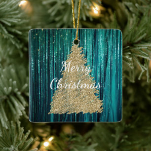Teal Pine Green Tinsel Gold Christmas Tree Ceramic Ornament