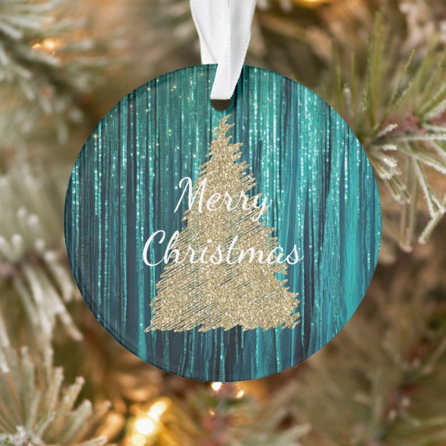 Teal Pine Green Tinsel Gold Christmas Tree Ornament (Tree)