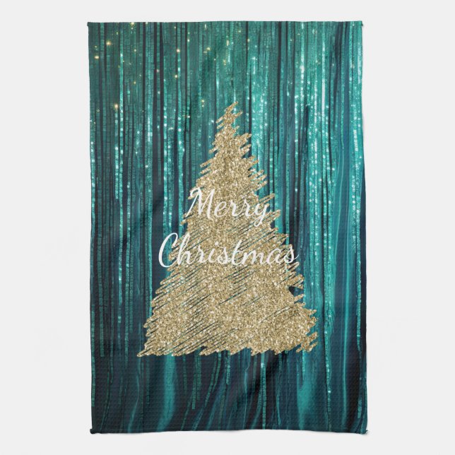 Teal Pine Green Tinsel Gold Christmas Tree Tea Towel (Vertical)