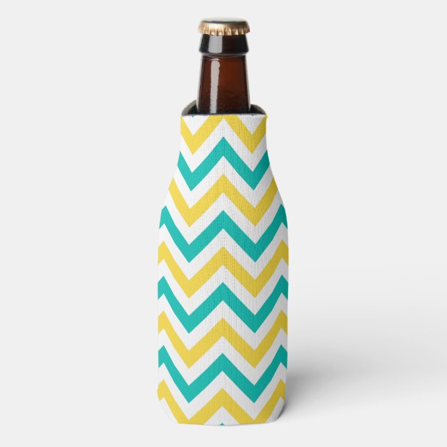 Teal, Pineapple, Wht Large Chevron ZigZag Pattern Bottle Cooler (Bottle Front)