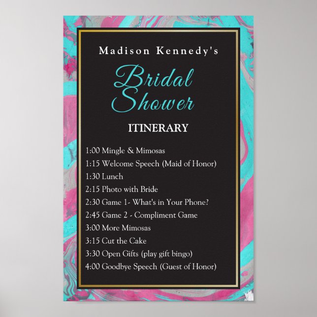 Teal & Pink Abstract  ✨ Bridal Shower Itinerary Poster (Front)