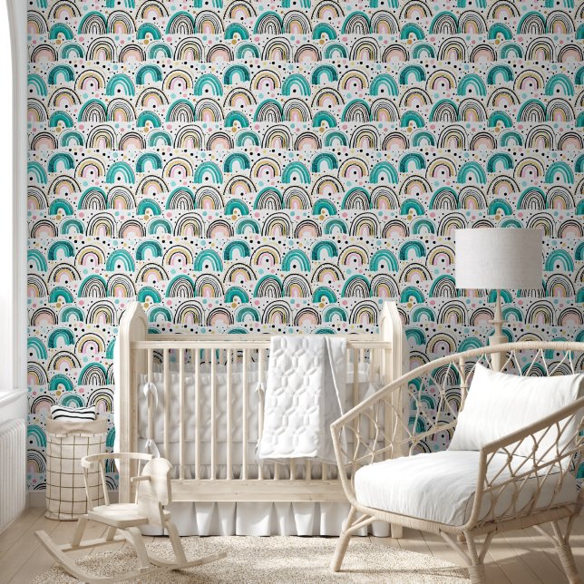 Teal pink and gold rainbows wallpaper (Kids)