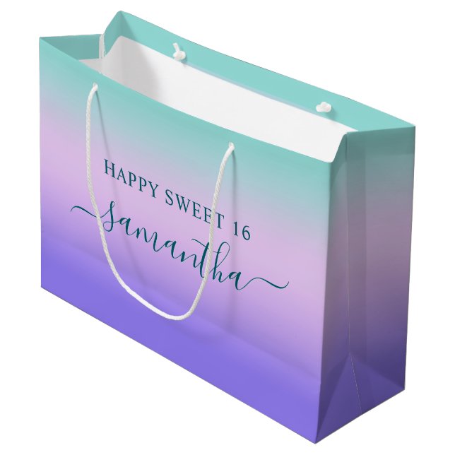 Teal Pink and Purple Gradient Sweet 16 Large Gift Bag (Front Angled)