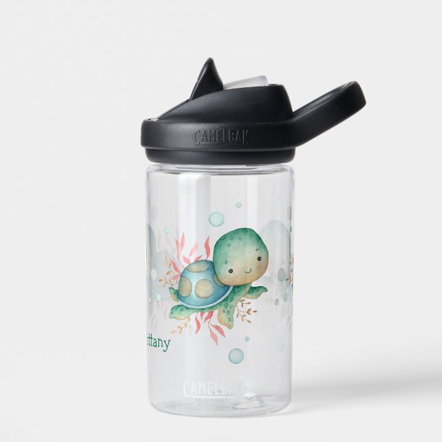 Teal Pink Baby Sea Turtle Water Bottle (Left)