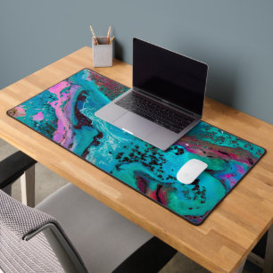 Teal Pink Black Abstract Fluid Painting Desk Mat