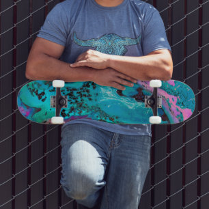 Teal Pink Black Abstract Fluid Painting Skateboard