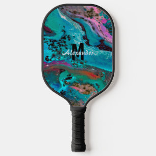 Teal Pink Black Fluid Abstract Monogram Name Pickleball Paddle