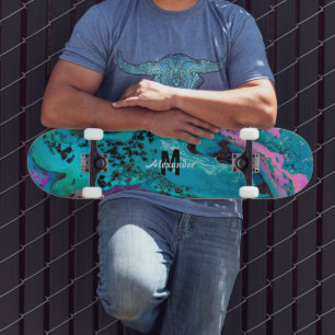 Teal Pink Black Fluid Abstract Monogram Name Skateboard