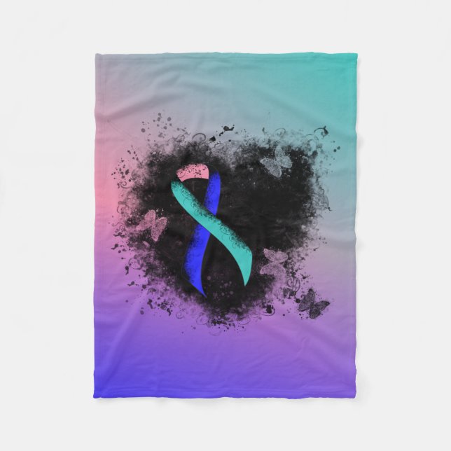 Teal/Pink/Blue Ribbon Grunge Heart Fleece Blanket (Front)