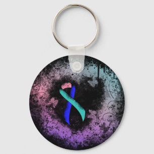 Teal/Pink/Blue Ribbon Grunge Heart Key Ring