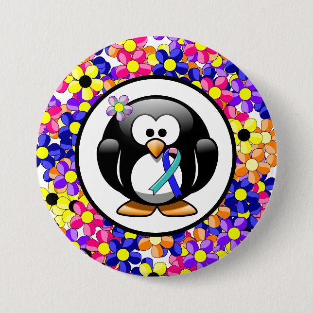 Teal/Pink/Blue Ribbon Penguin 7.5 Cm Round Badge (Front)