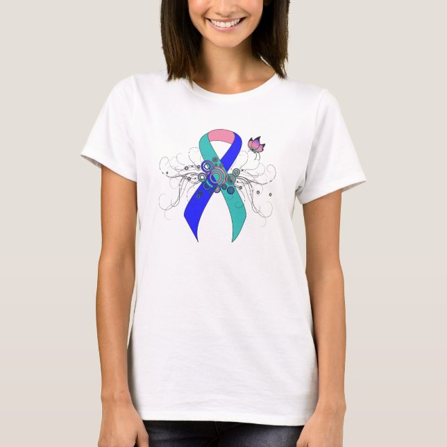 Teal/Pink/Blue Ribbon with Butterfly T-Shirt (Front)