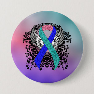 Teal/Pink/Blue Ribbon with Wings 7.5 Cm Round Badge