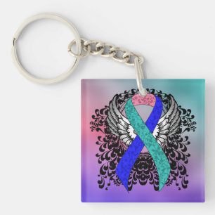 Teal/Pink/Blue Ribbon with Wings Key Ring