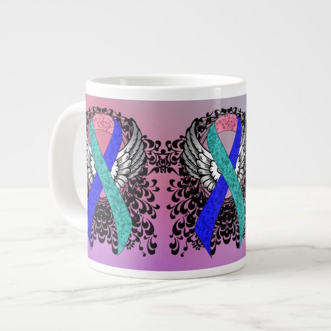 Teal/Pink/Blue Ribbon with Wings Large Coffee Mug (Front Left)
