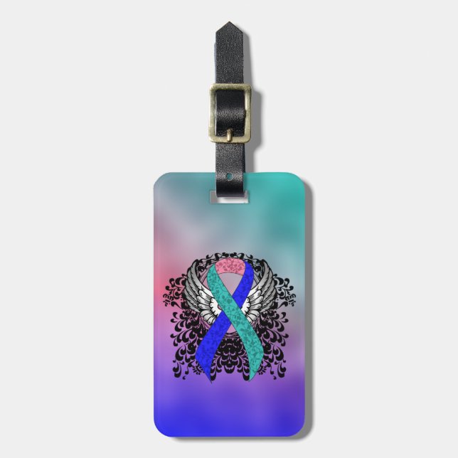 Teal/Pink/Blue Ribbon with Wings Luggage Tag (Front Vertical)