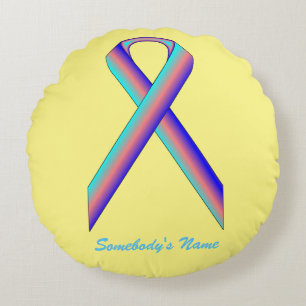 Teal-Pink-Blue Standard Ribbon by Kenneth Yoncich Round Cushion