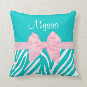 Teal Pink Bow Zebra Personalised Cushion