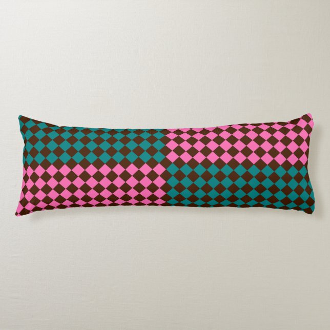 Teal Pink Brown Chequered Diamond Pattern Body Cushion (Front)