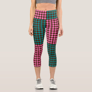 Teal Pink Brown Chequered Diamond Pattern Capri Leggings