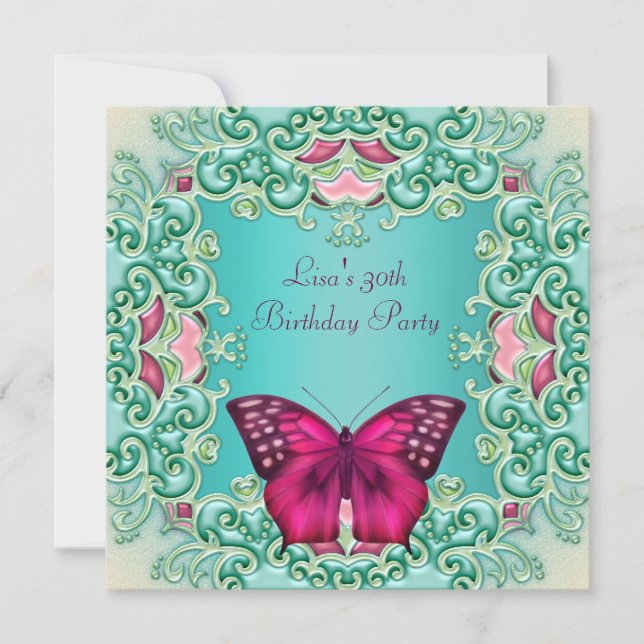 Teal Pink Butterfly Womans 30th Birthday Invitation (Front)