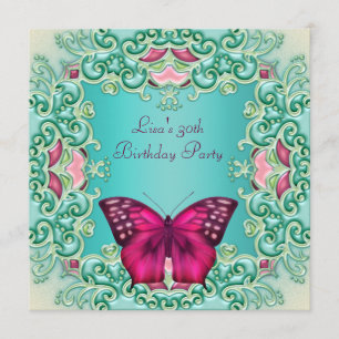 Teal Pink Butterfly Womans 30th Birthday Invitation