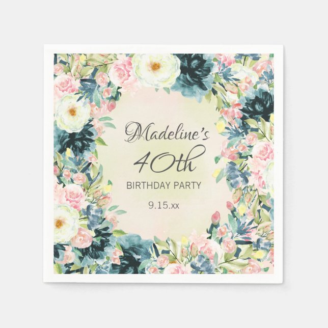 Teal Pink Cream Floral Women's 40th Birthday  Napkin (Front)