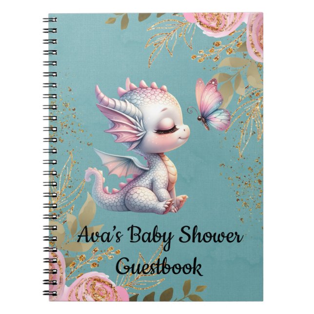 Teal Pink Dragon Butterfly Baby Shower Guestbook Notebook (Front)