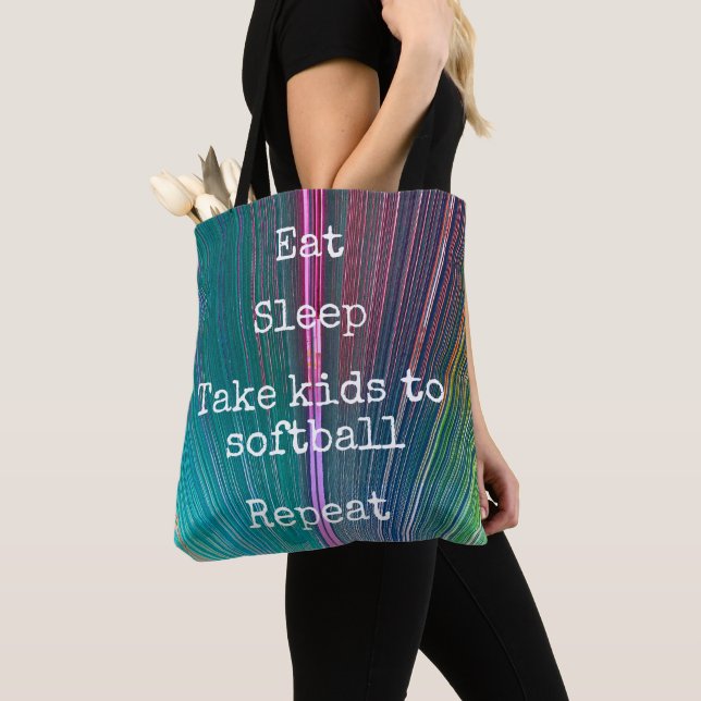 Teal Pink Eat Sleep Take Kids To Softball Repeat Tote Bag (Close Up)