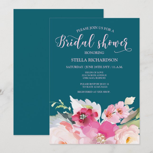  Teal  Pink Floral Bridal Shower Invitation (Front/Back)