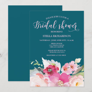 Teal Pink Floral Bridal Shower Invitation