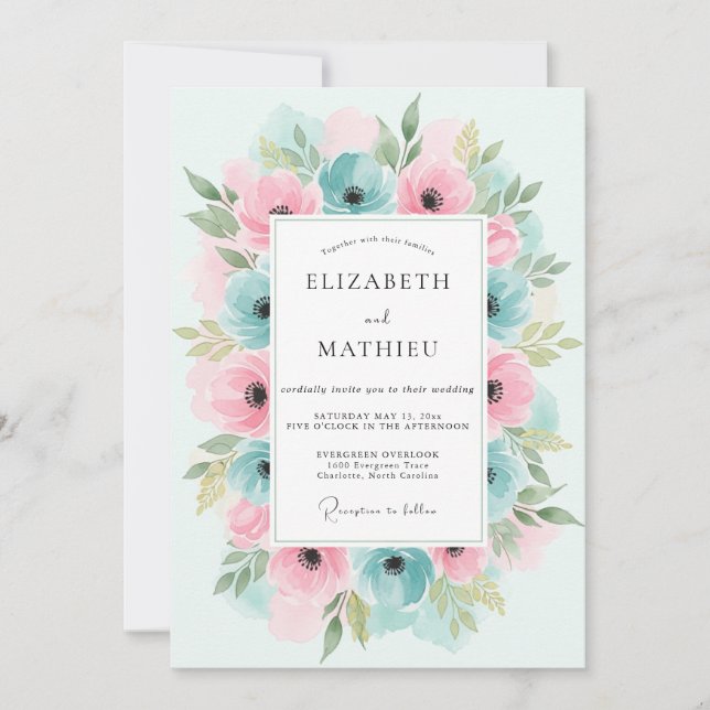 Teal Pink Floral Flourish Wedding Invitation (Front)