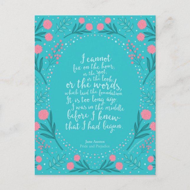 Teal & Pink Floral Jane Austen Pride and Prejudice Postcard (Front)