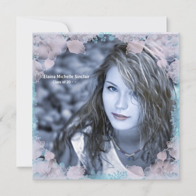 Teal Pink Floral Photo Graduation Announcement (Front)