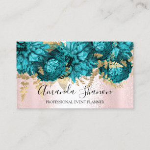 Teal Pink Flowers Rose Gold Logo Event Planner  Business Card