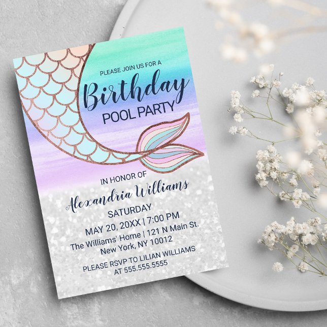 Teal Pink Glam Glitter Mermaid Tail Pool Birthday  Invitation Postcard (Teal Pink Glam Glitter Mermaid Tail Pool Birthday Invitation Postcard )