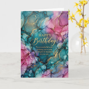 Teal Pink Gold Alcohol Ink Happy Birthday Card