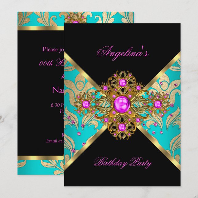Teal Pink Gold Damask Floral Birthday Party Invitation (Front/Back)