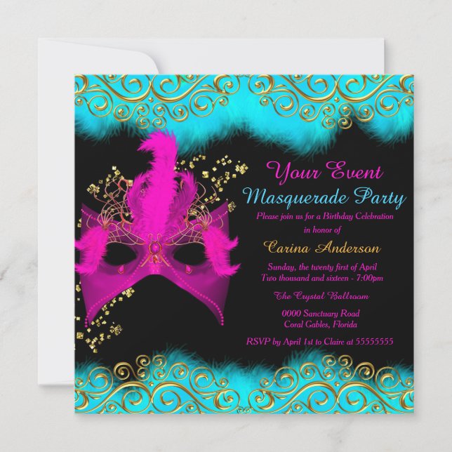 Teal Pink Gold Mask Masquerade Birthday Party Invitation (Front)