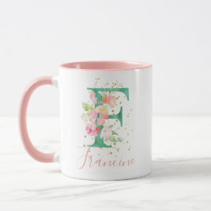 Teal Pink Gold Watercolor Floral Monogram F Mug