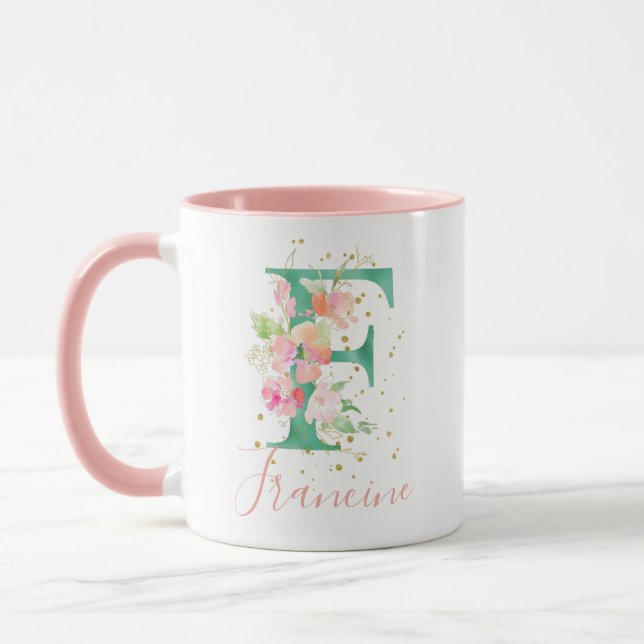 Teal Pink Gold Watercolor Floral Monogram F Mug (Left)