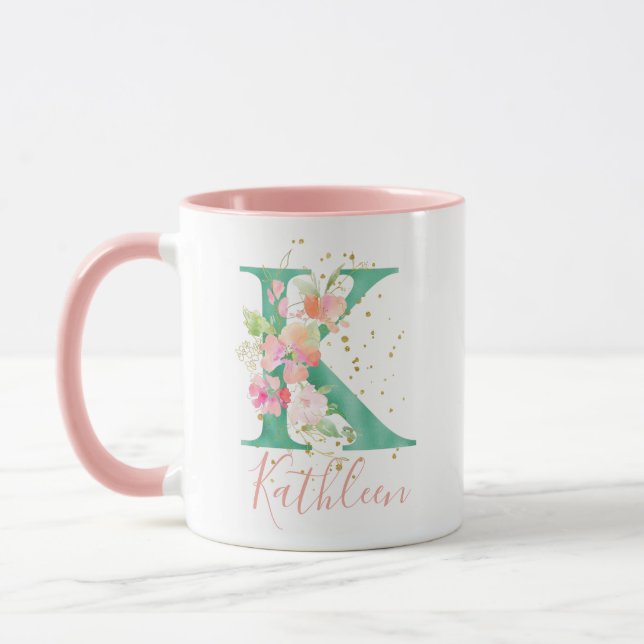 Teal Pink Gold Watercolor Floral Monogram K Mug (Left)
