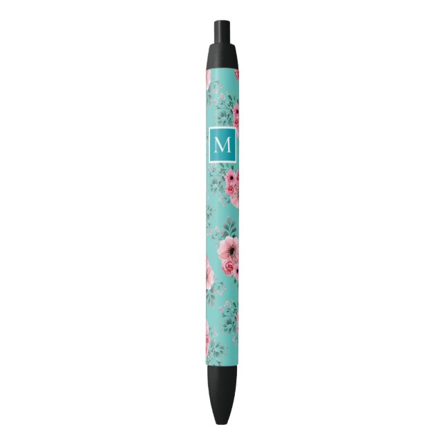 Teal | Pink & Green Floral Monogram Black Ink Pen (Front Vertical)